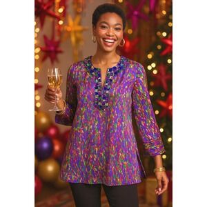 MAGASCHONI COLLECTION Purple Jewel Neck Embellished Tunic Top Blouse Womens M